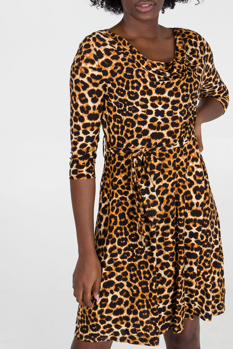 Leopard Print Cowl Neck Fit & Flare Dres