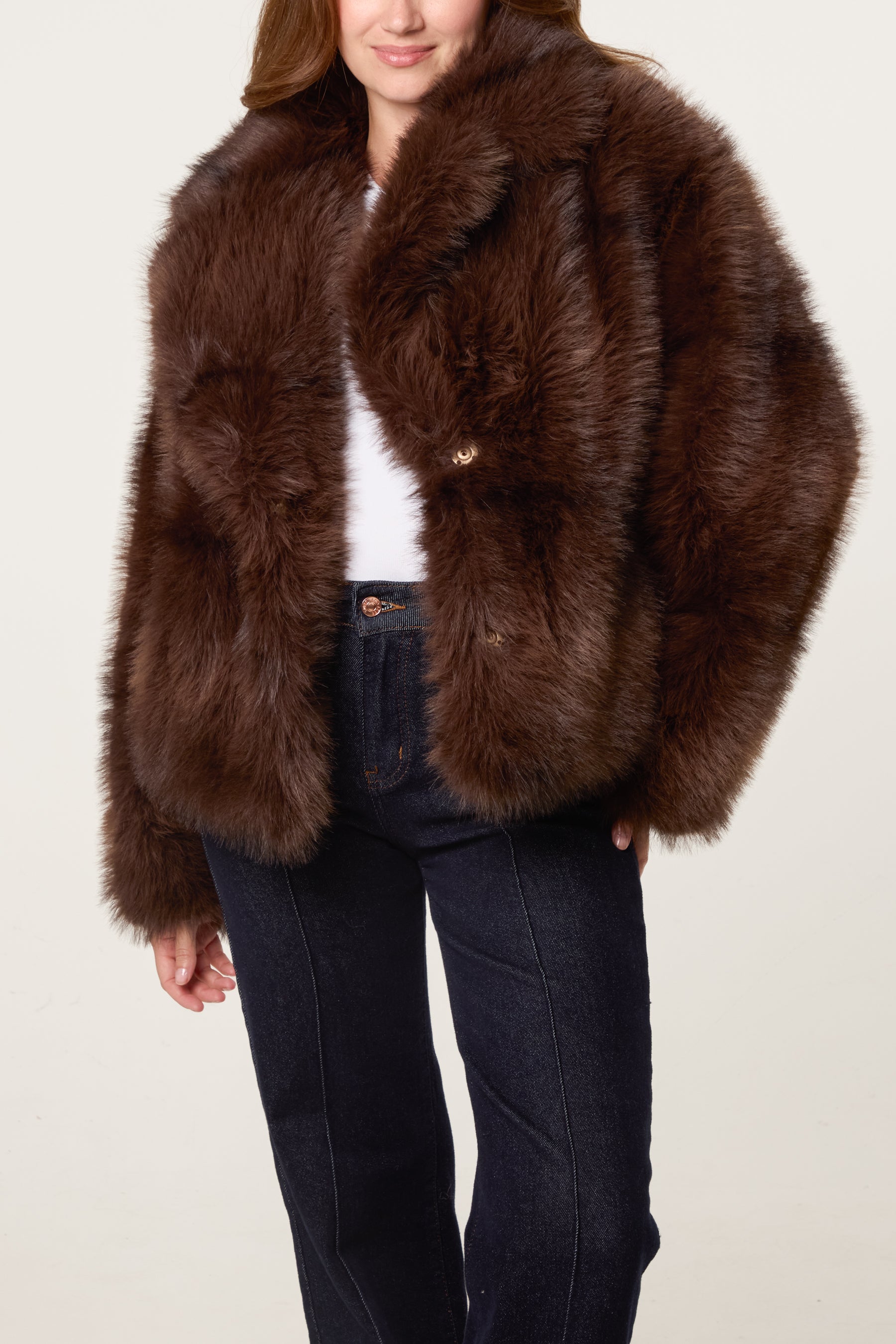 Horizontal Line Detail Faux Fur Short Coat