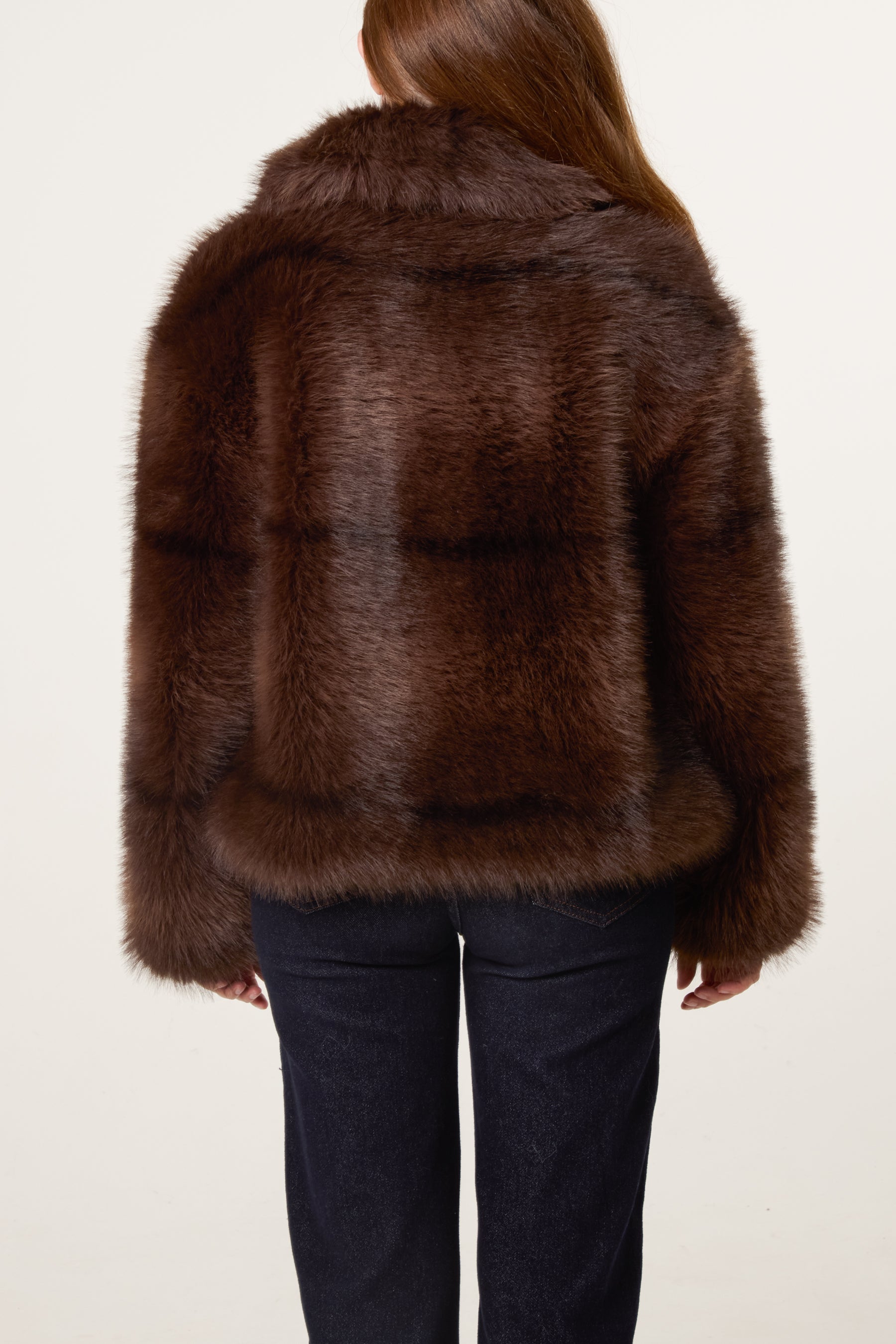 Horizontal Line Detail Faux Fur Short Coat