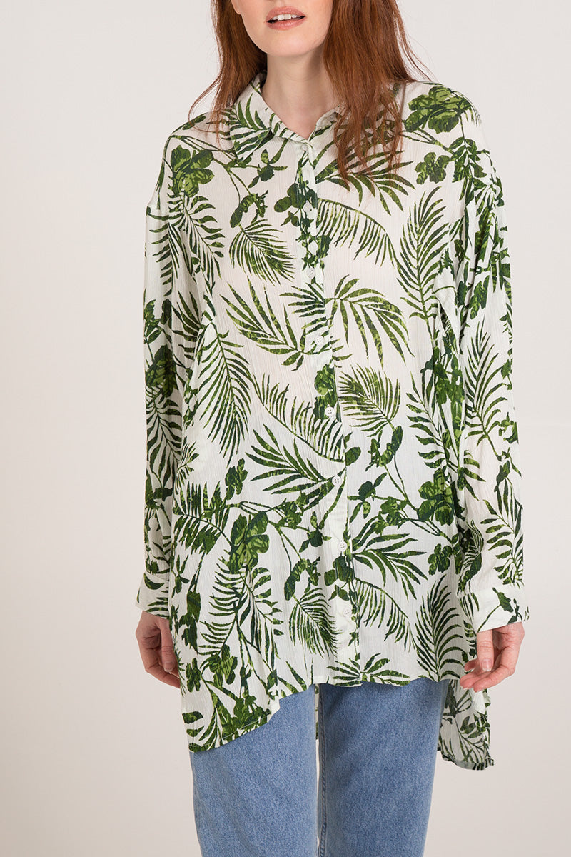 Leaf Pattern Oversized Button Front Shirt