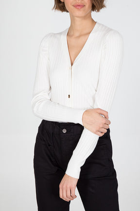 Ribbed Puff Shoulder Cardigan