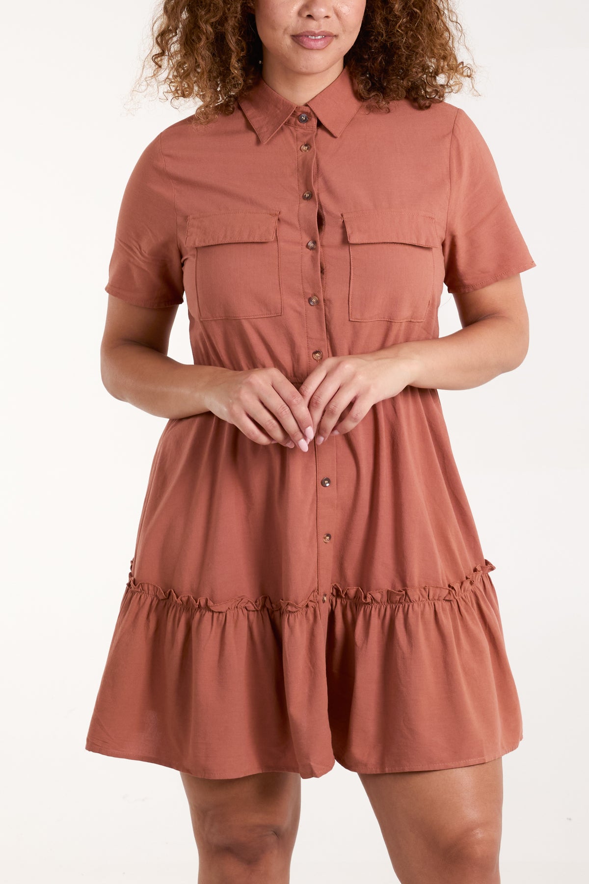 Tiered Hem Patch Pocket Shirt Dress