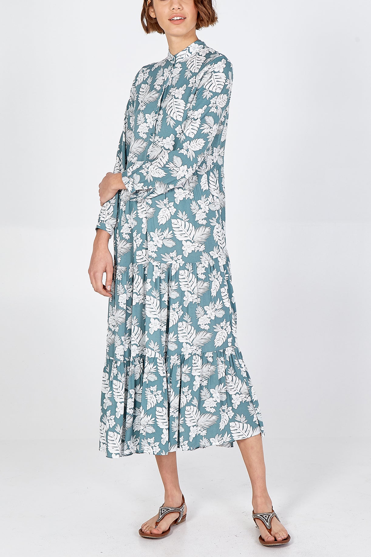 Leaf Print Button Front Tiered Maxi Dress