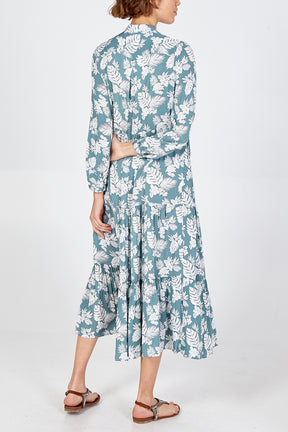 Leaf Print Button Front Tiered Maxi Dress