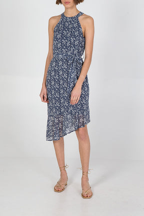 Halterneck Asymmetric Hem Paisley Midi Dress