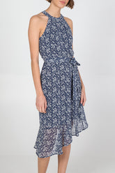 Halterneck Asymmetric Hem Paisley Midi Dress