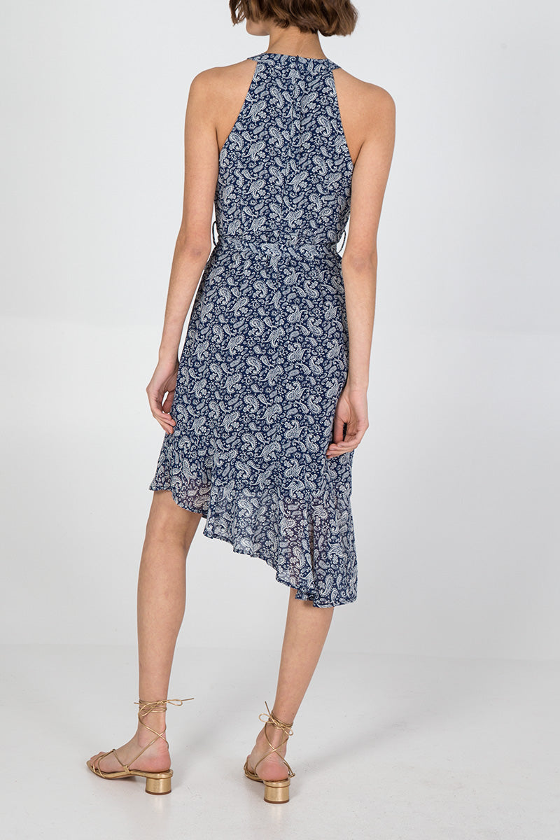 Halterneck Asymmetric Hem Paisley Midi Dress