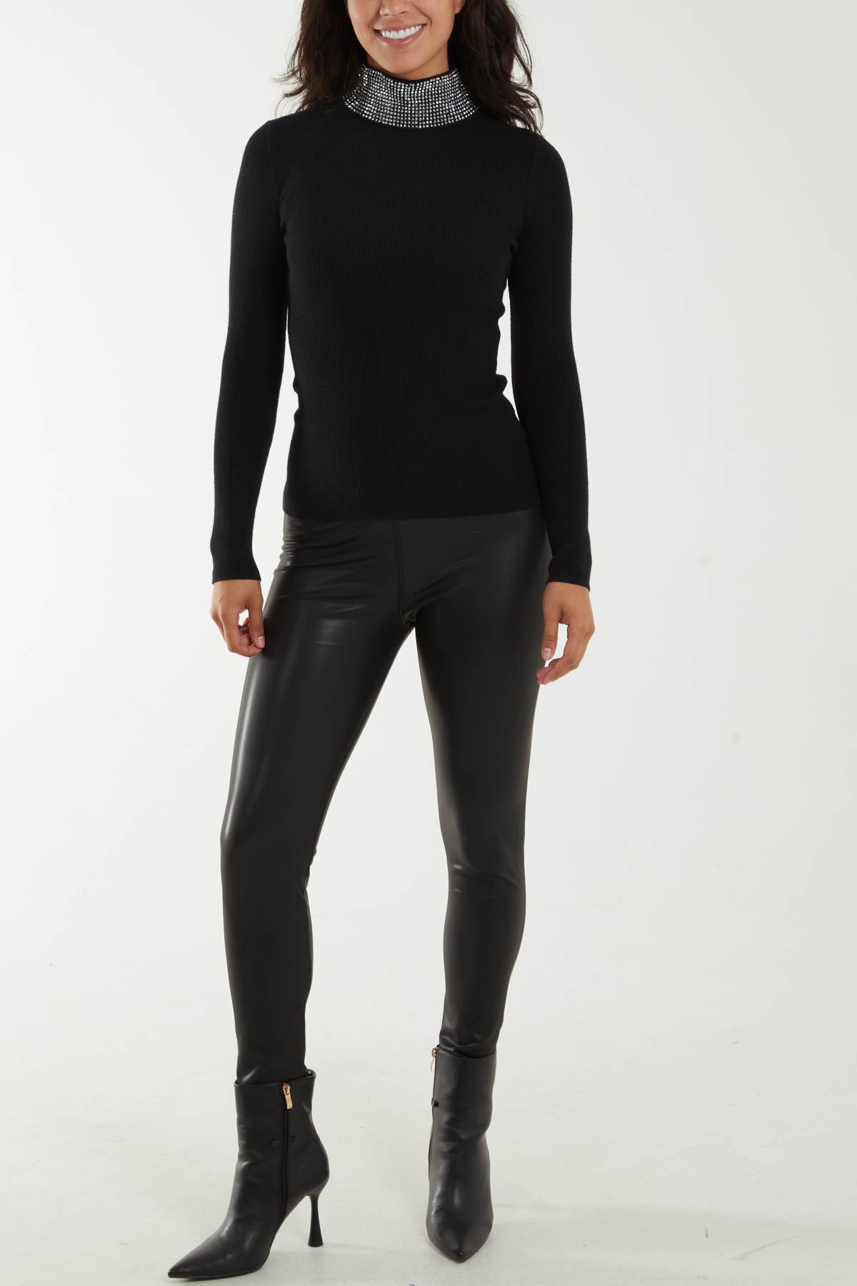 Diamante High Neck Rib Jumper