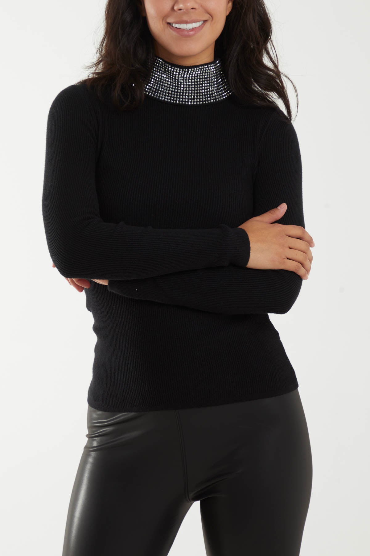 Diamante High Neck Rib Jumper