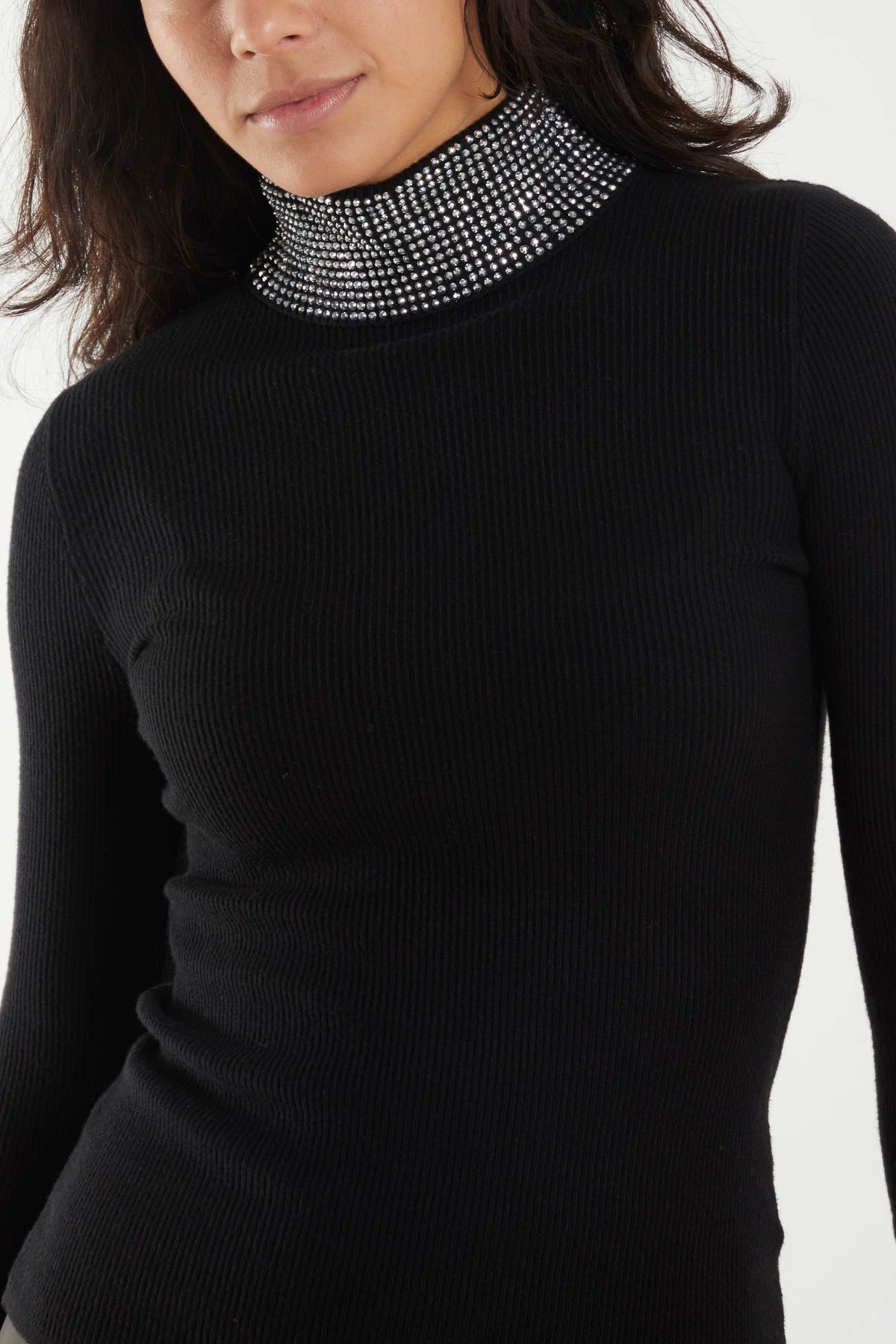 Diamante High Neck Rib Jumper