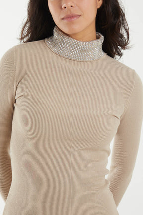 Diamante High Neck Rib Jumper