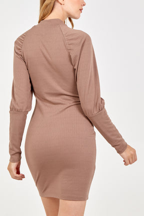 Crew Neck Puffy Sleeve Stretchy Dress
