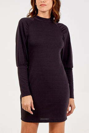 Crew Neck Puffy Sleeve Stretchy Dress