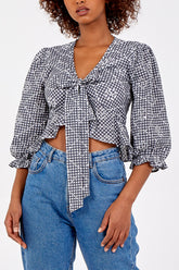 Tie Front Bow Gingham Ruffle Top