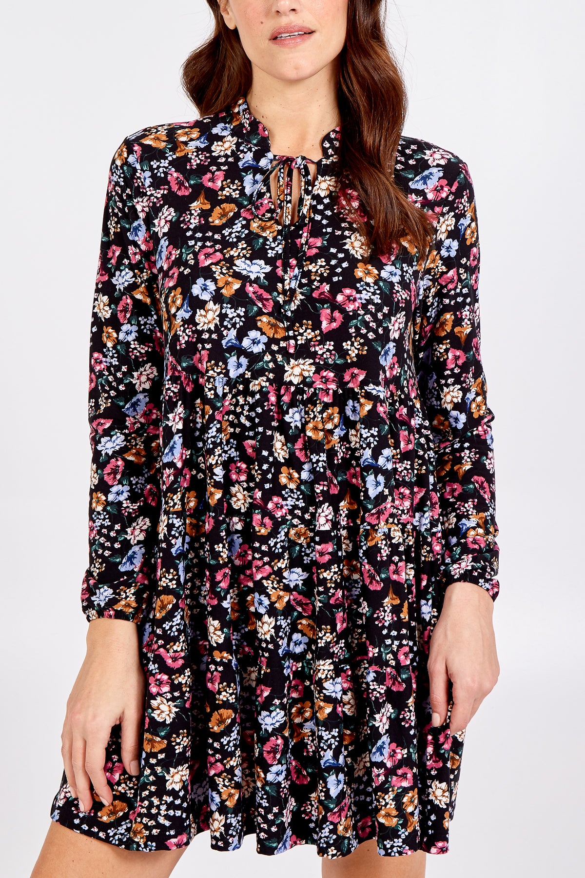 Tie Neck Soft Touch Floral Smock Dress