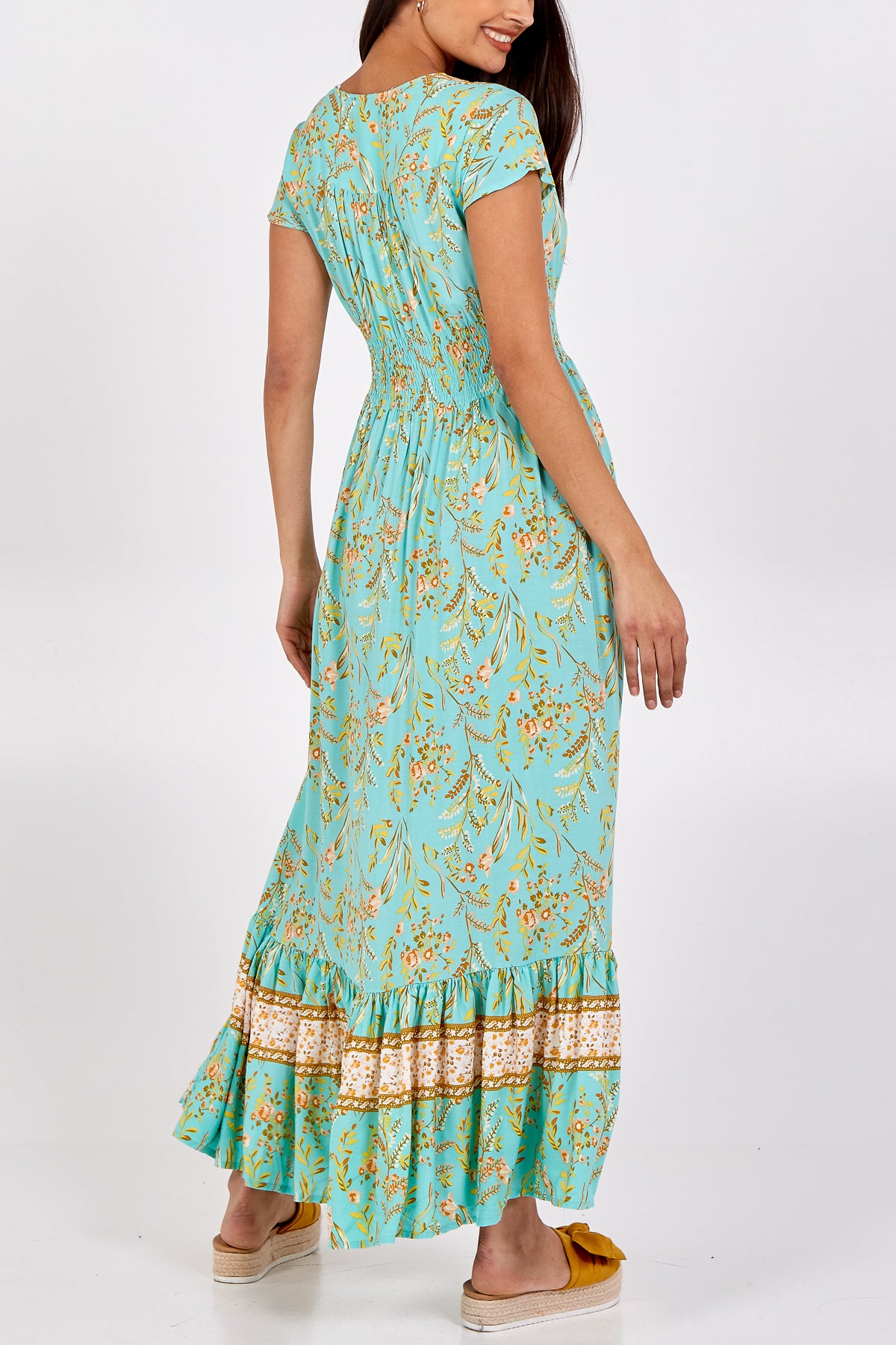 Floral Shirring Waist Button Through Dress