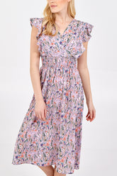 Floral Ruffle Sleeve Shirring Waist Dress