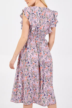 Floral Ruffle Sleeve Shirring Waist Dress