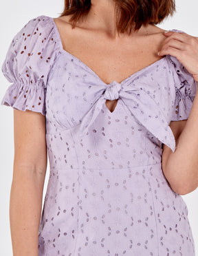 Tie Front Bodycon Dress With Puff Sleeve