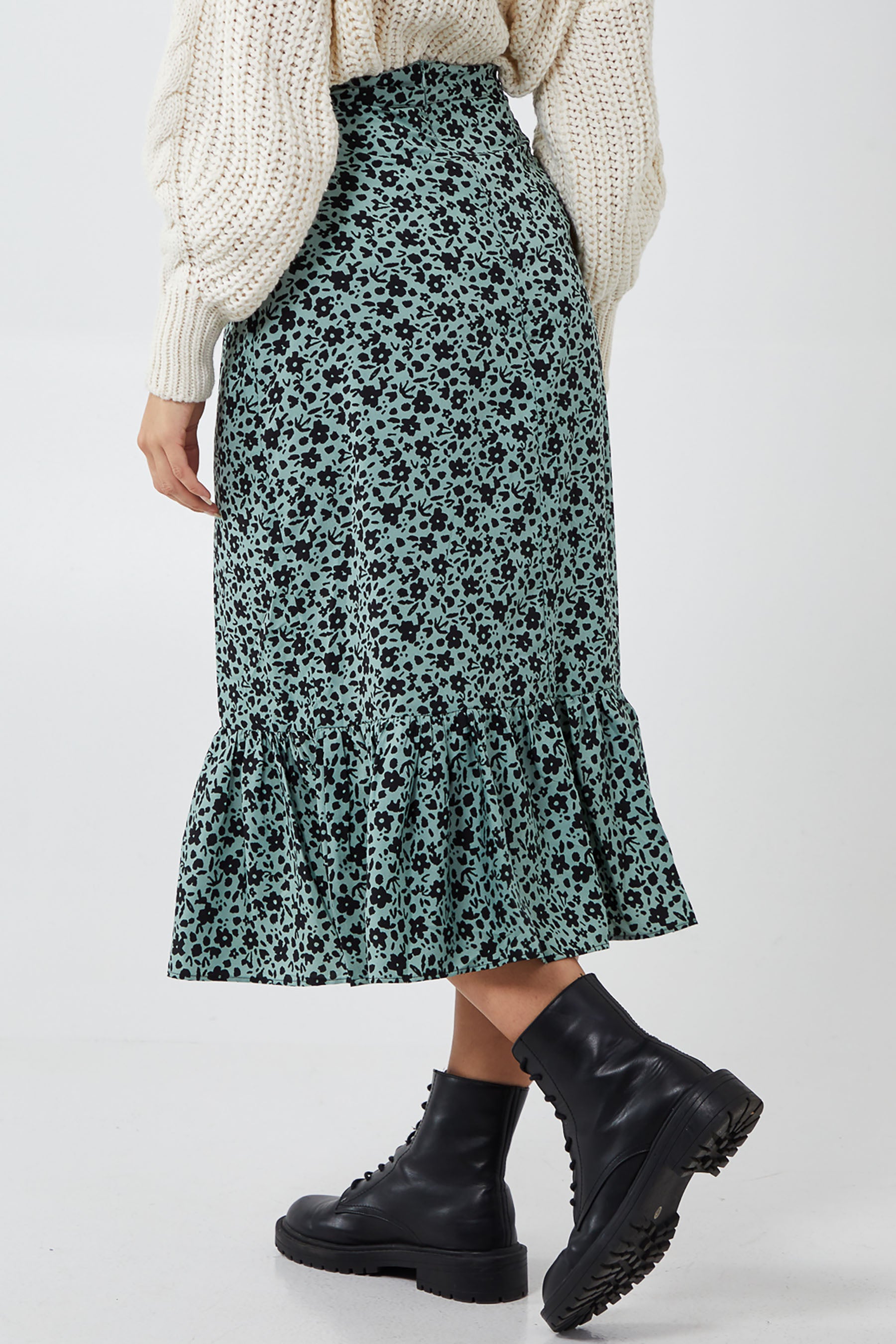 Floral Print Gathered Tiered Midi Skirt