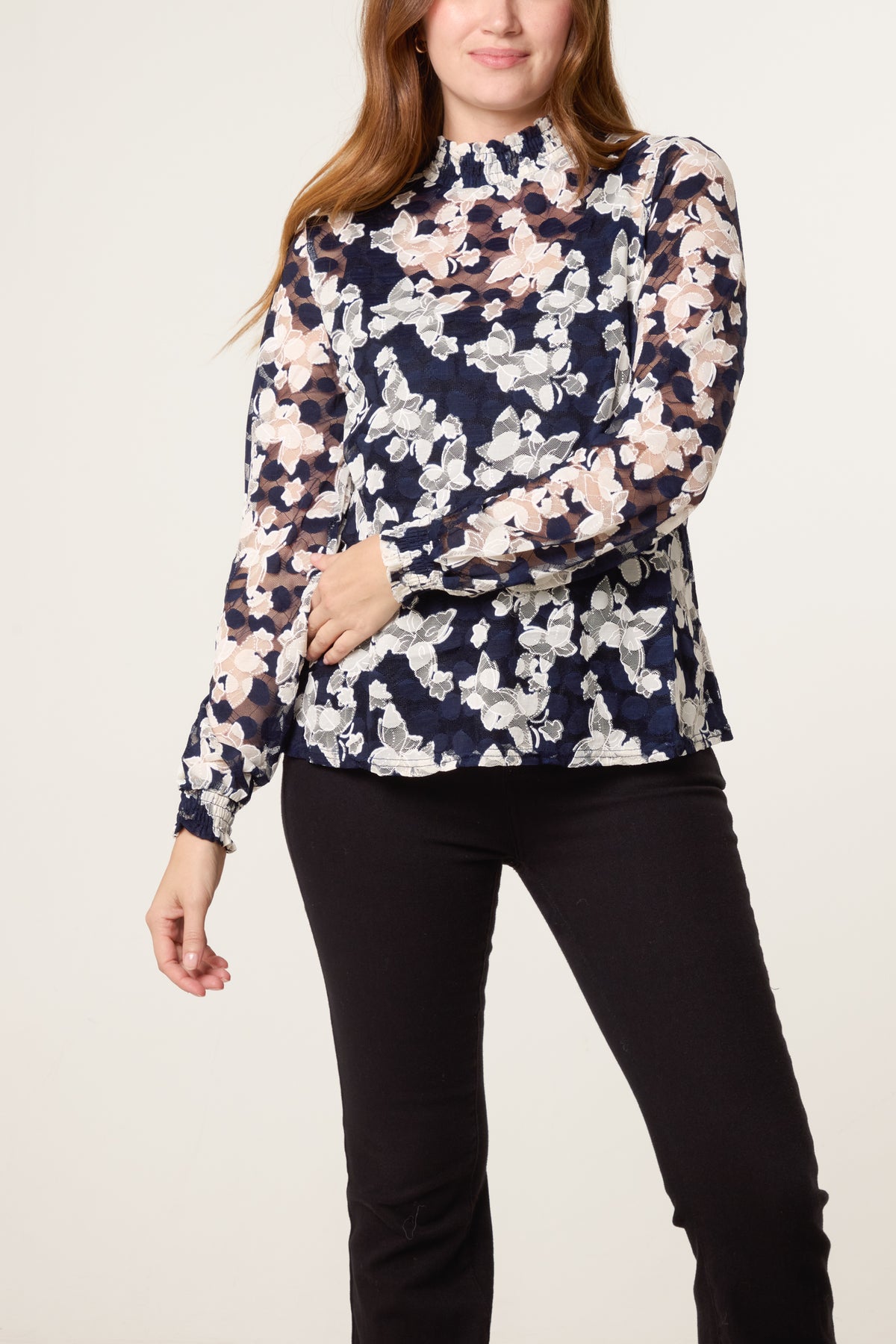 Butterfly Polkadot Lace Sheer Blouse