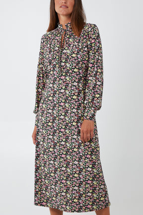 High Cut Out Neck Floral Print Midi Dress