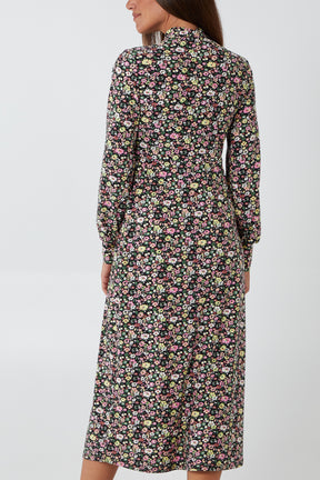 High Cut Out Neck Floral Print Midi Dress