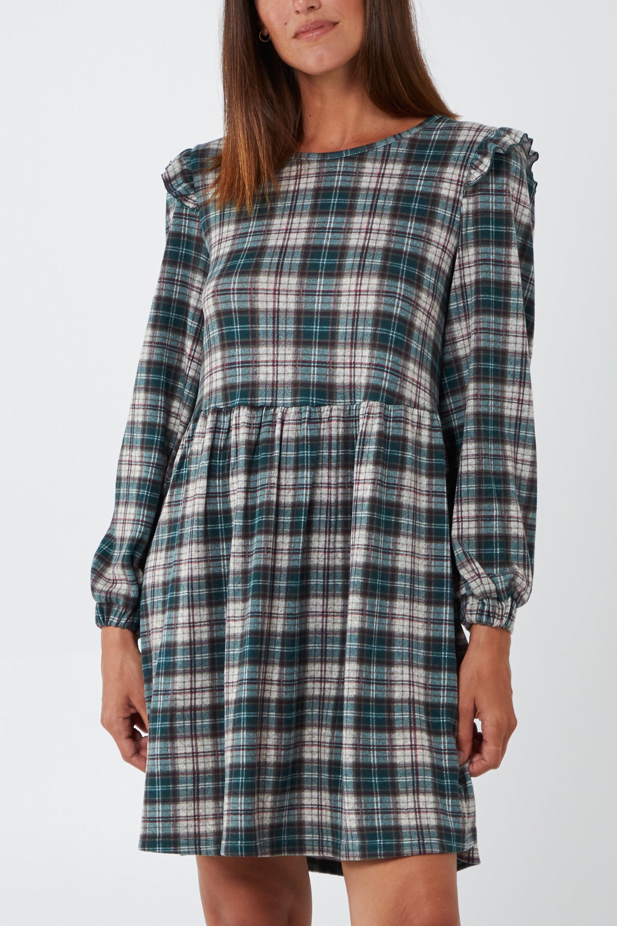 Check Frill Shoulder Smock Dress