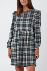Check Frill Shoulder Smock Dress