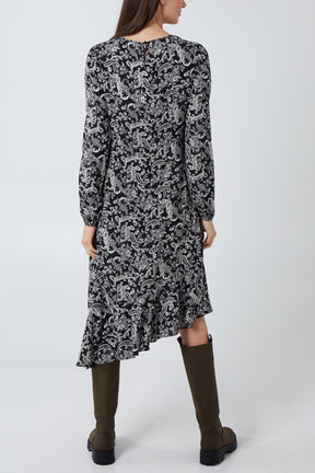 Paisley Print Long Sleeve Asymmetric Hem Midi Dress