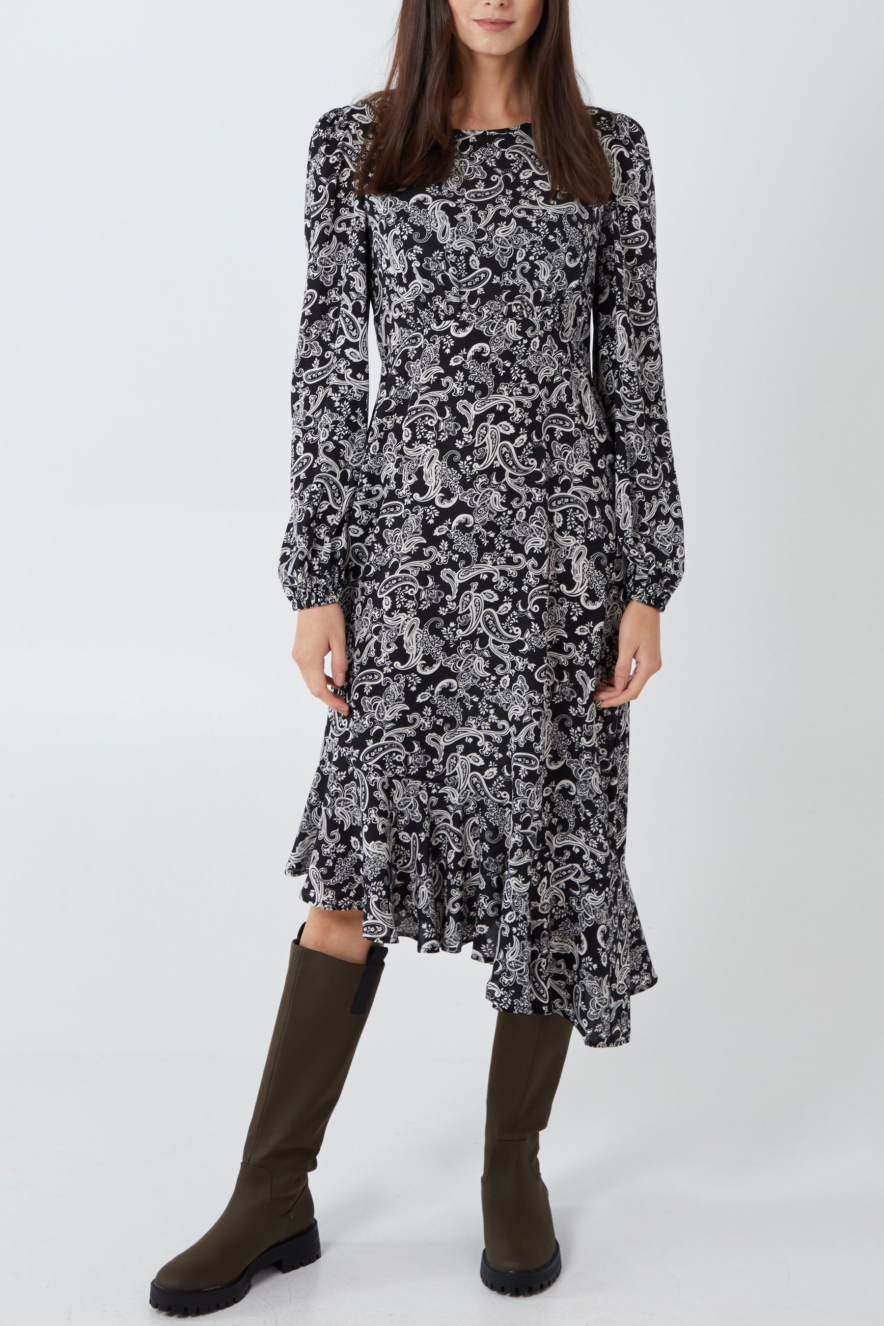 Paisley Print Long Sleeve Asymmetric Hem Midi Dress