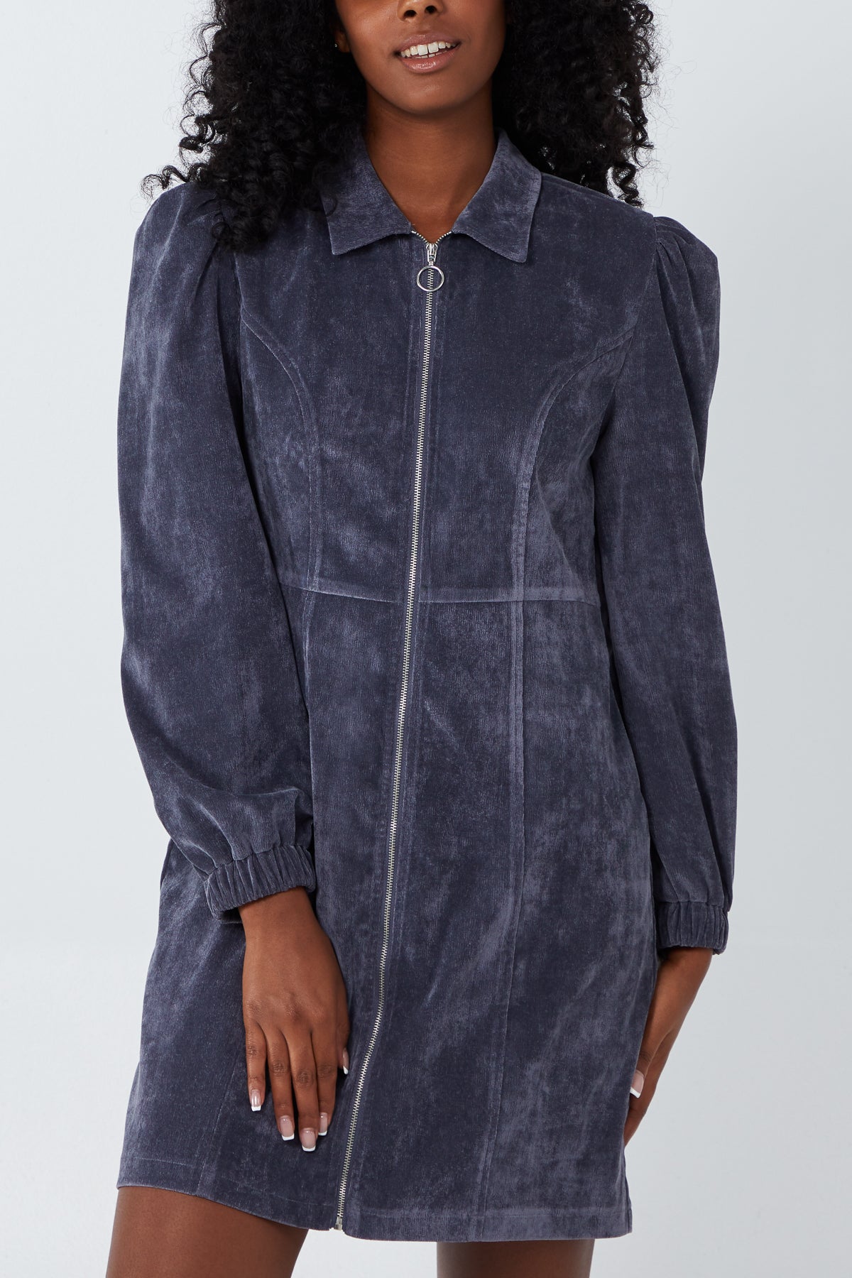Long Sleeve Zip Through Cord Dress