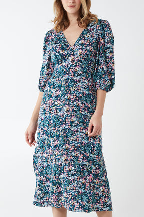 3/4 Frill Puff Sleeve Floral Midi Dress