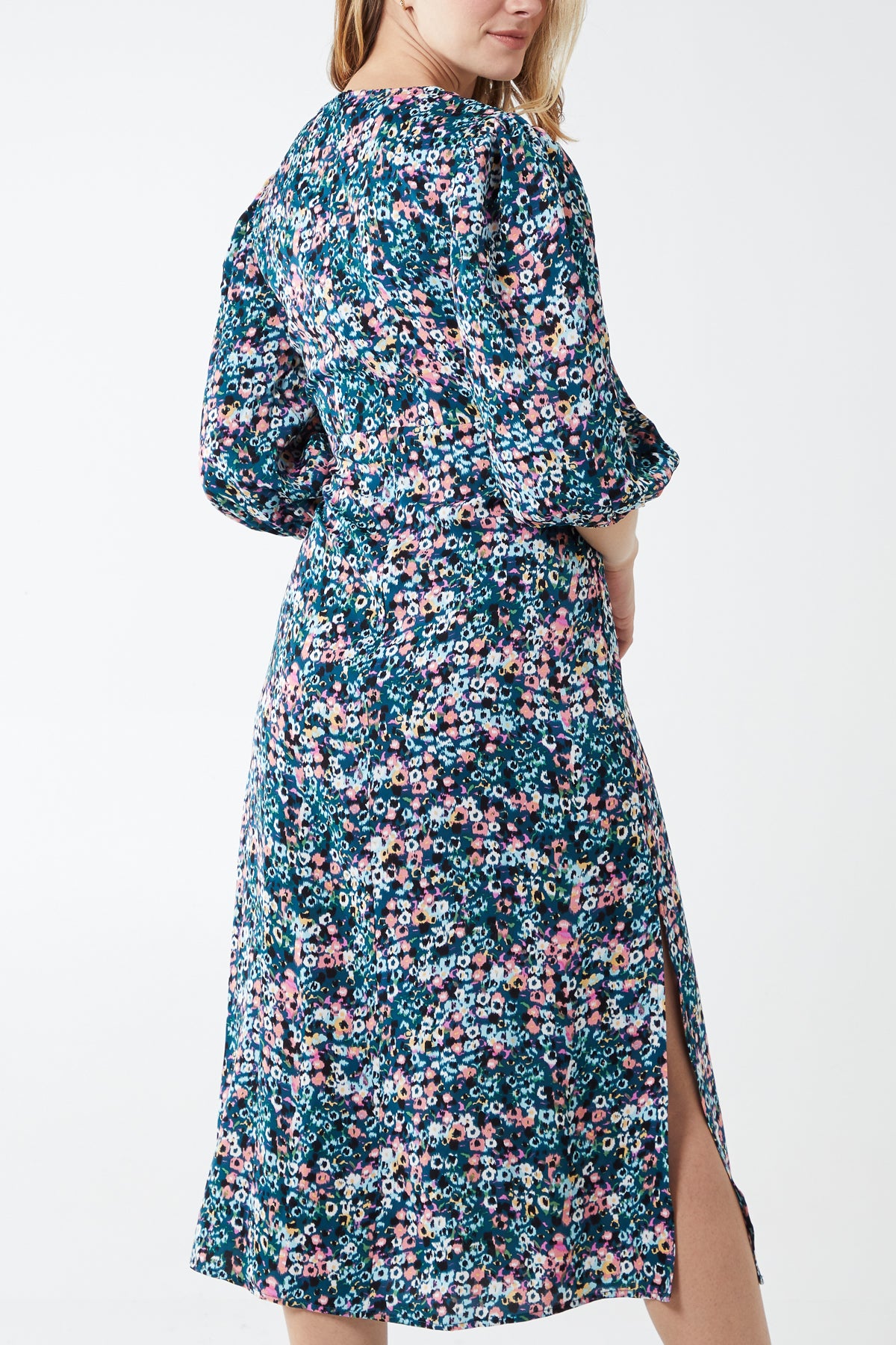 3/4 Frill Puff Sleeve Floral Midi Dress