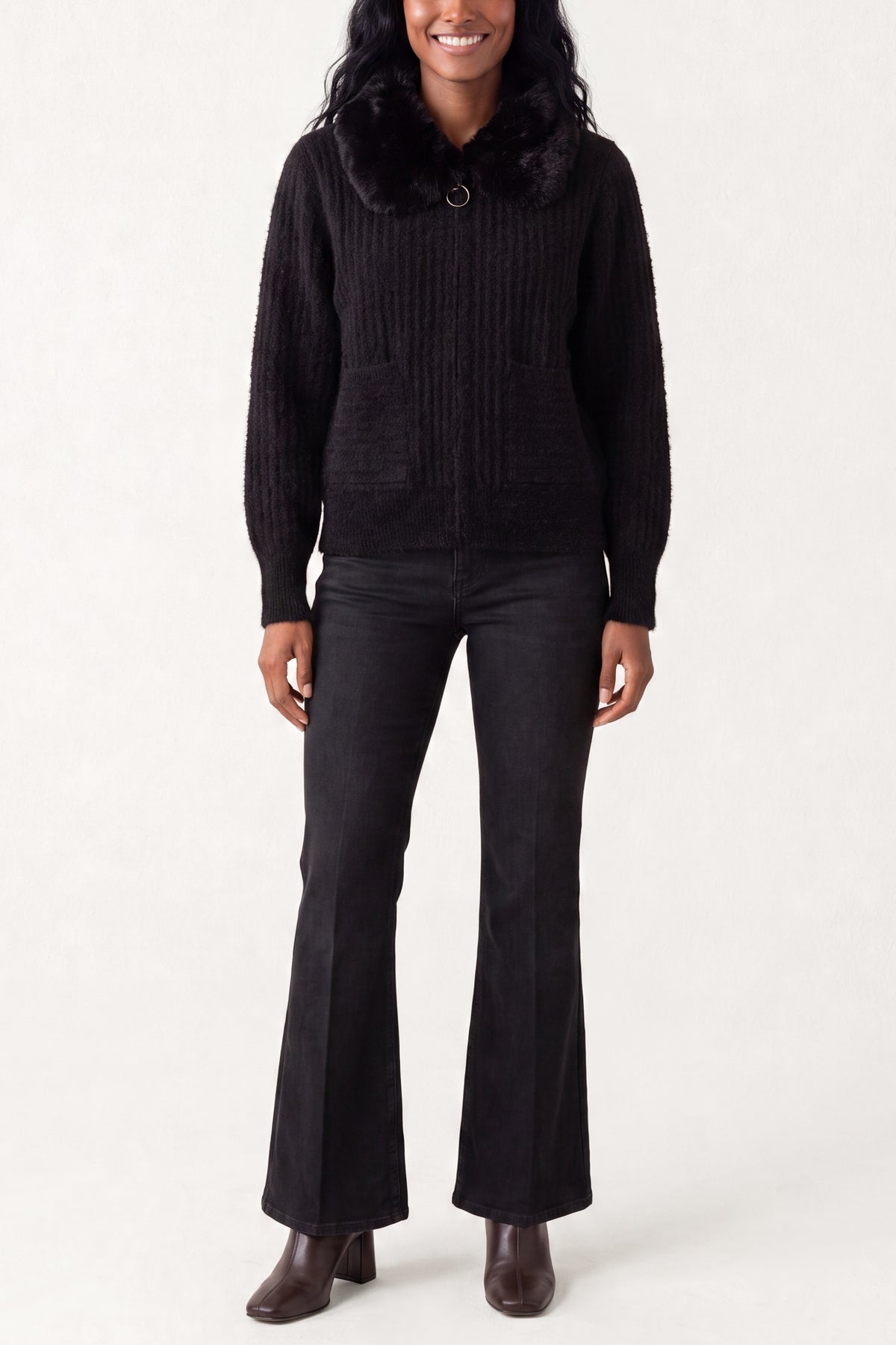 Ribbed Knit Cardigan With Faux Fur Collar
