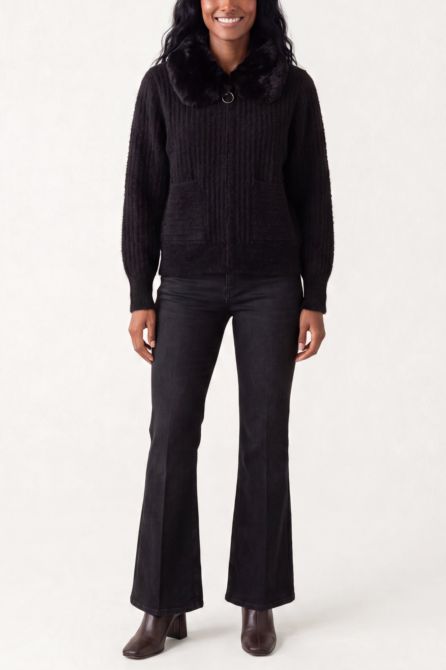 Ribbed Knit Cardigan With Faux Fur Collar