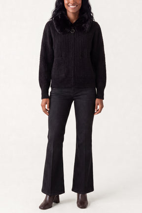 Ribbed Knit Cardigan With Faux Fur Collar