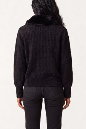 Ribbed Knit Cardigan With Faux Fur Collar