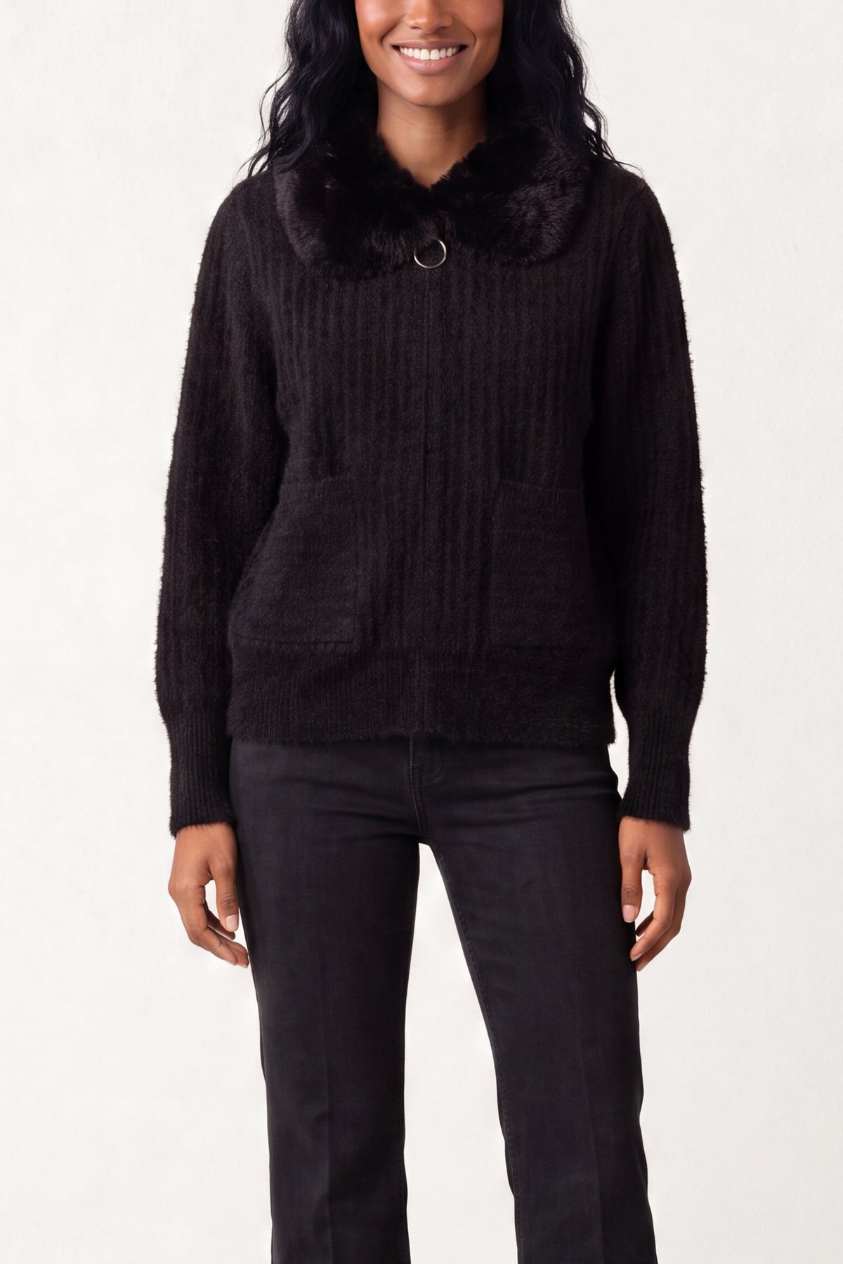 Ribbed Knit Cardigan With Faux Fur Collar