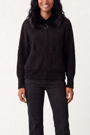 Ribbed Knit Cardigan With Faux Fur Collar