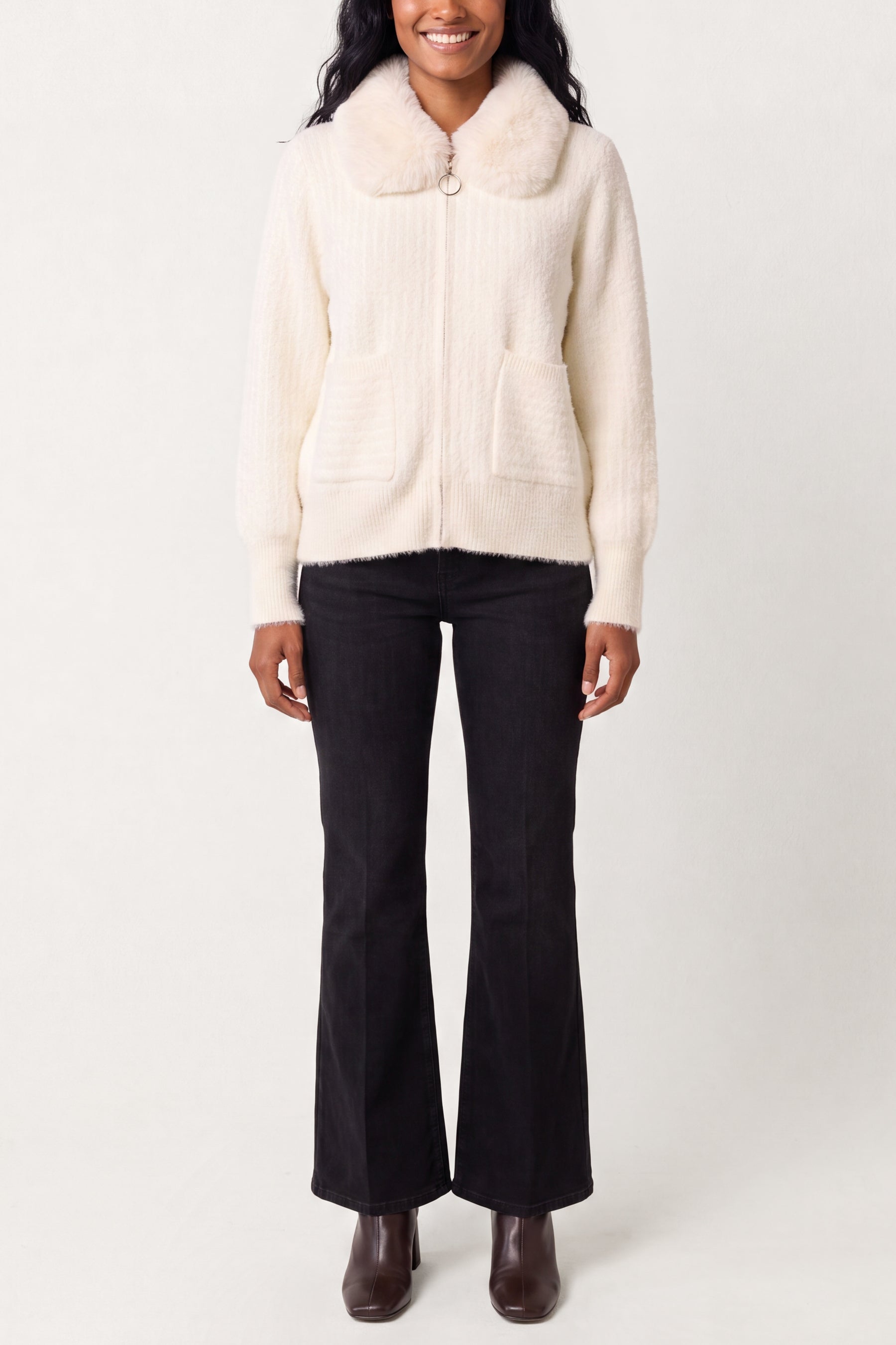Ribbed Knit Cardigan With Faux Fur Collar