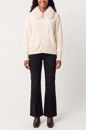 Ribbed Knit Cardigan With Faux Fur Collar