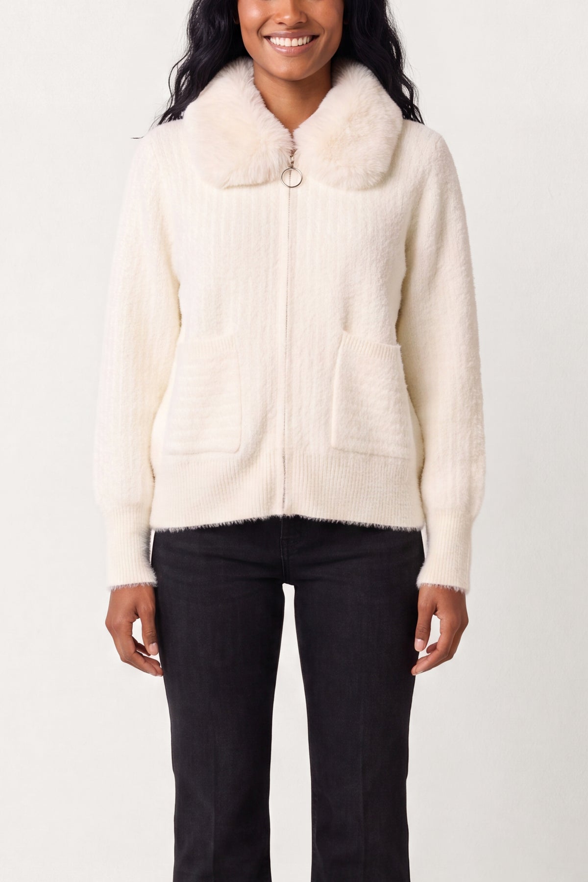 Ribbed Knit Cardigan With Faux Fur Collar