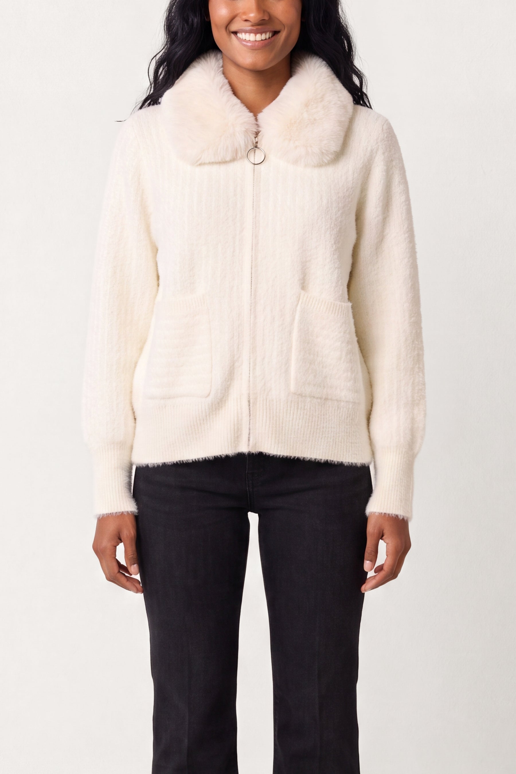 Ribbed Knit Cardigan With Faux Fur Collar