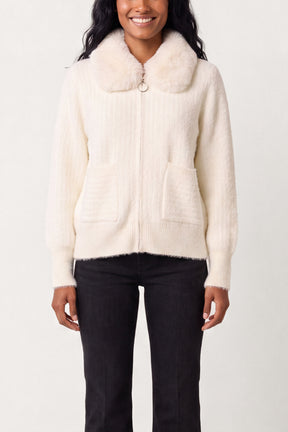Ribbed Knit Cardigan With Faux Fur Collar