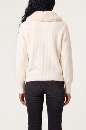 Ribbed Knit Cardigan With Faux Fur Collar