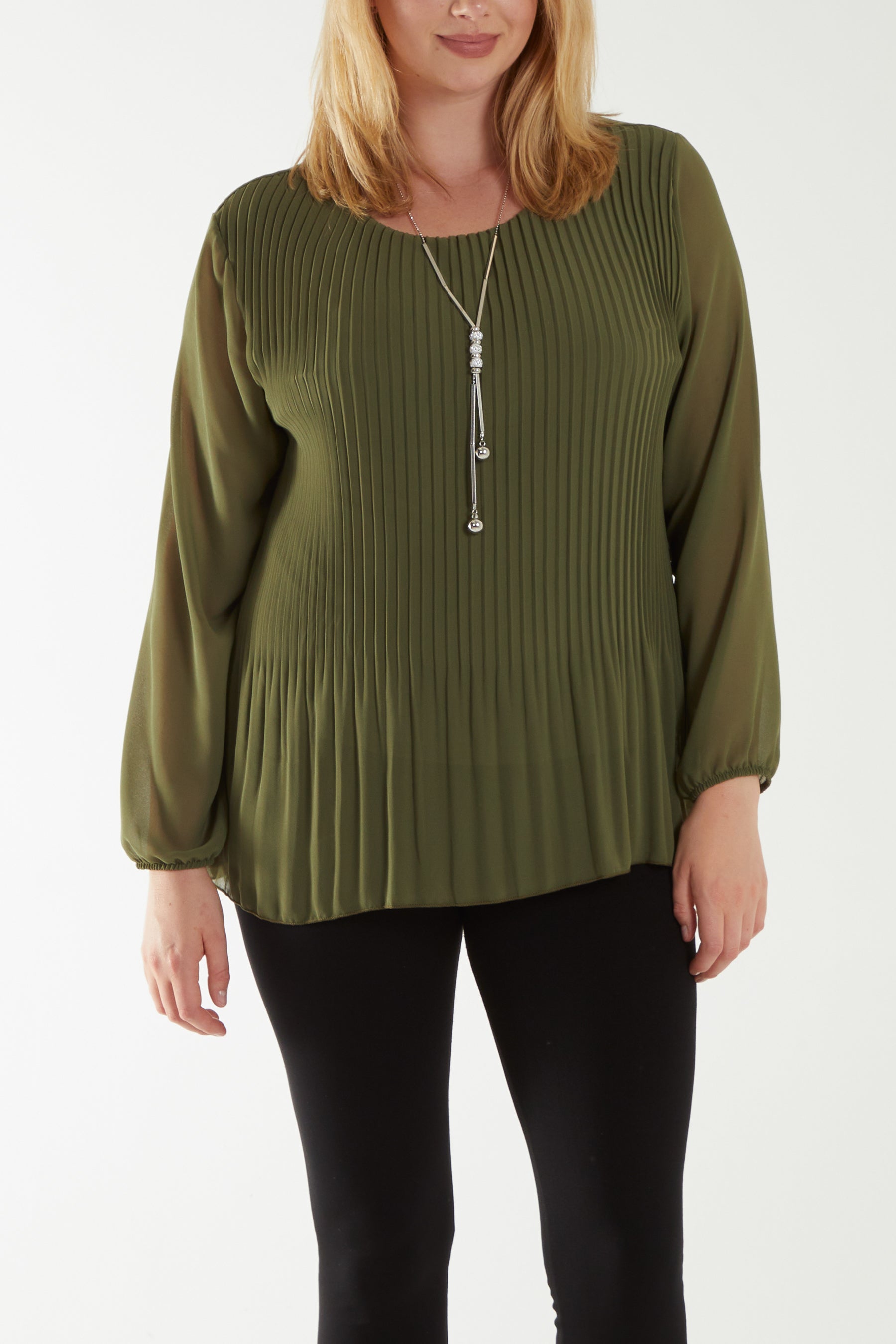 Pleated Long Sleeve Necklace Top