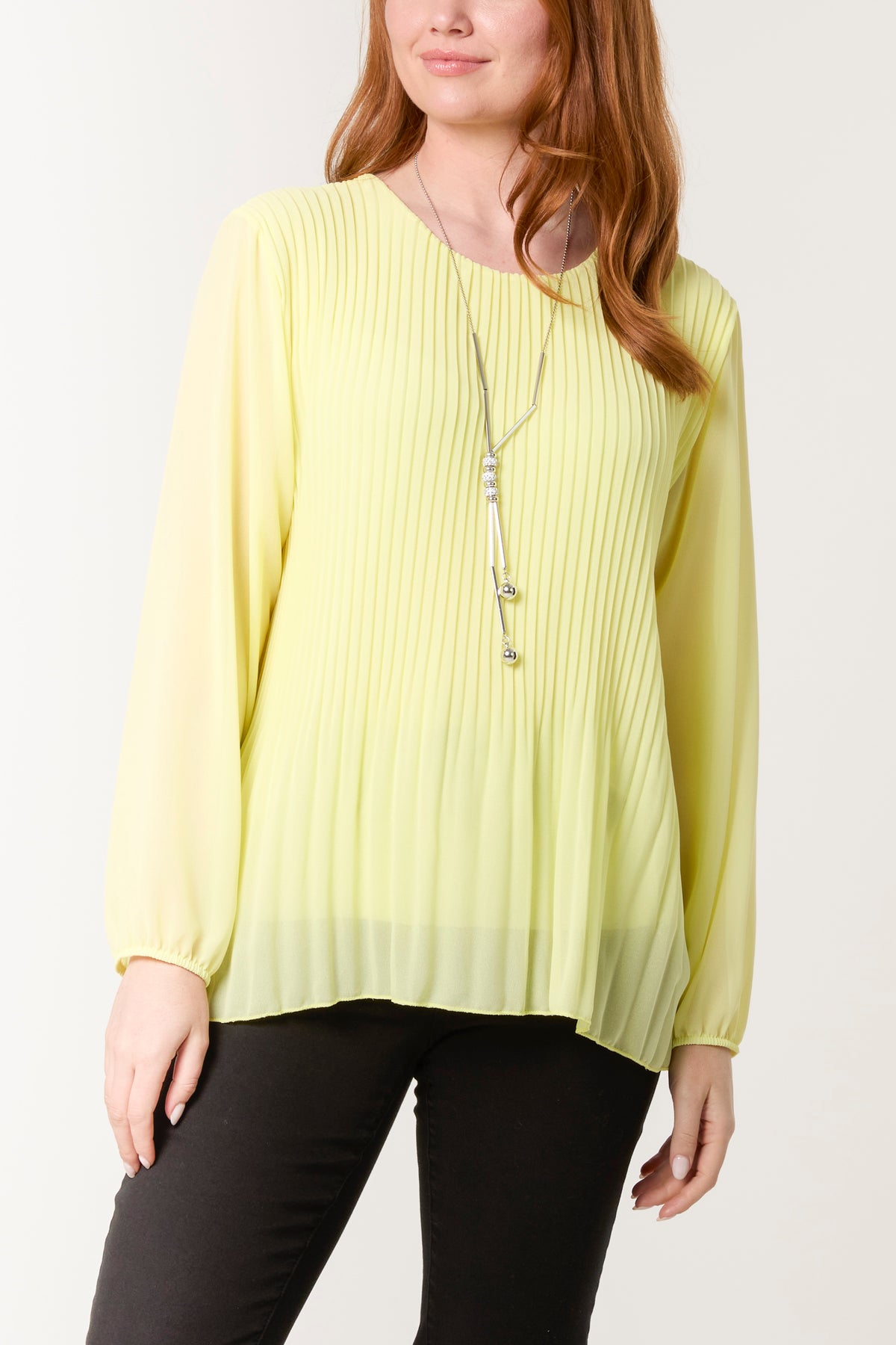 Pleated Long Sleeve Necklace Top