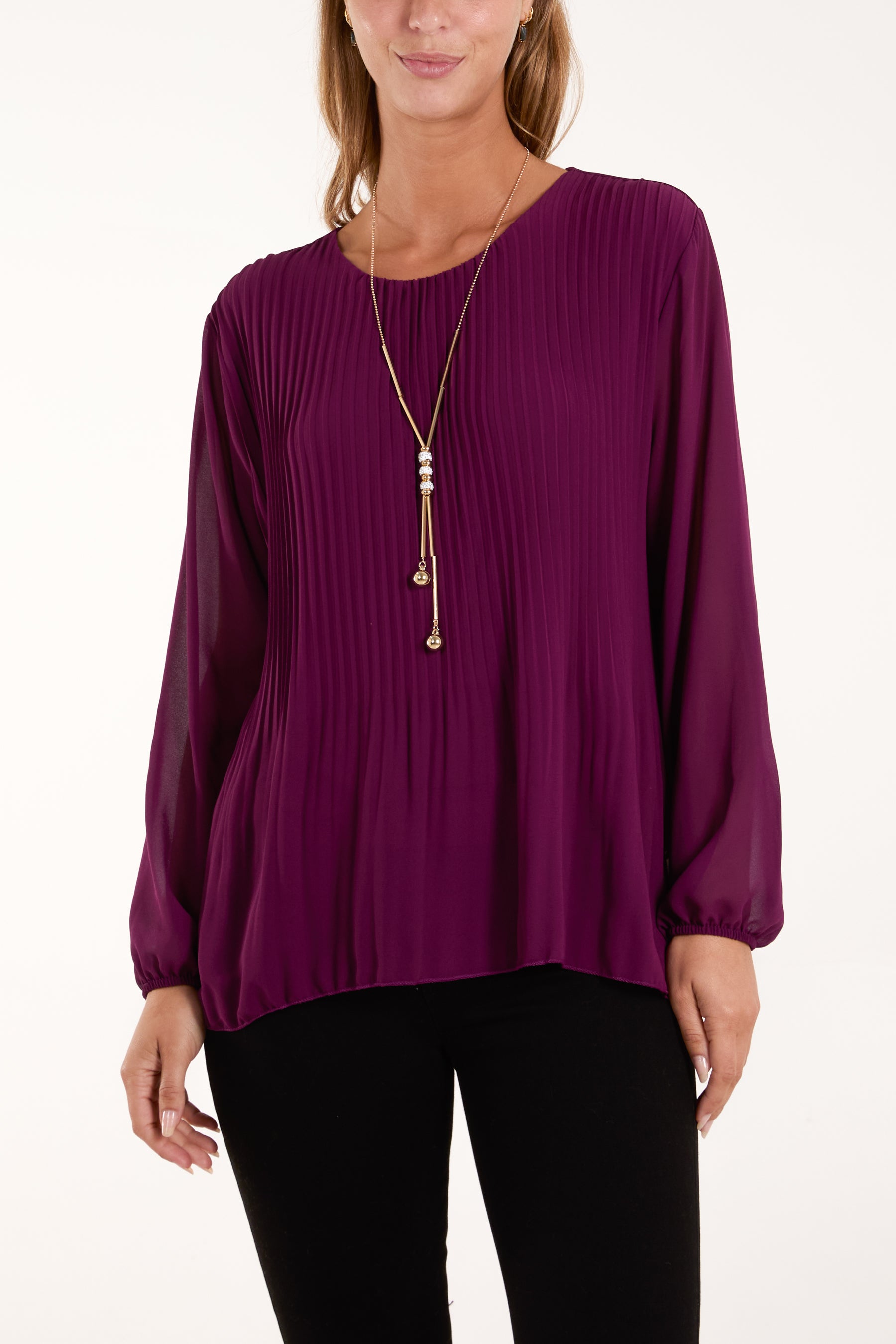 Pleated Long Sleeve Necklace Top