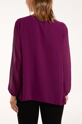 Pleated Long Sleeve Necklace Top